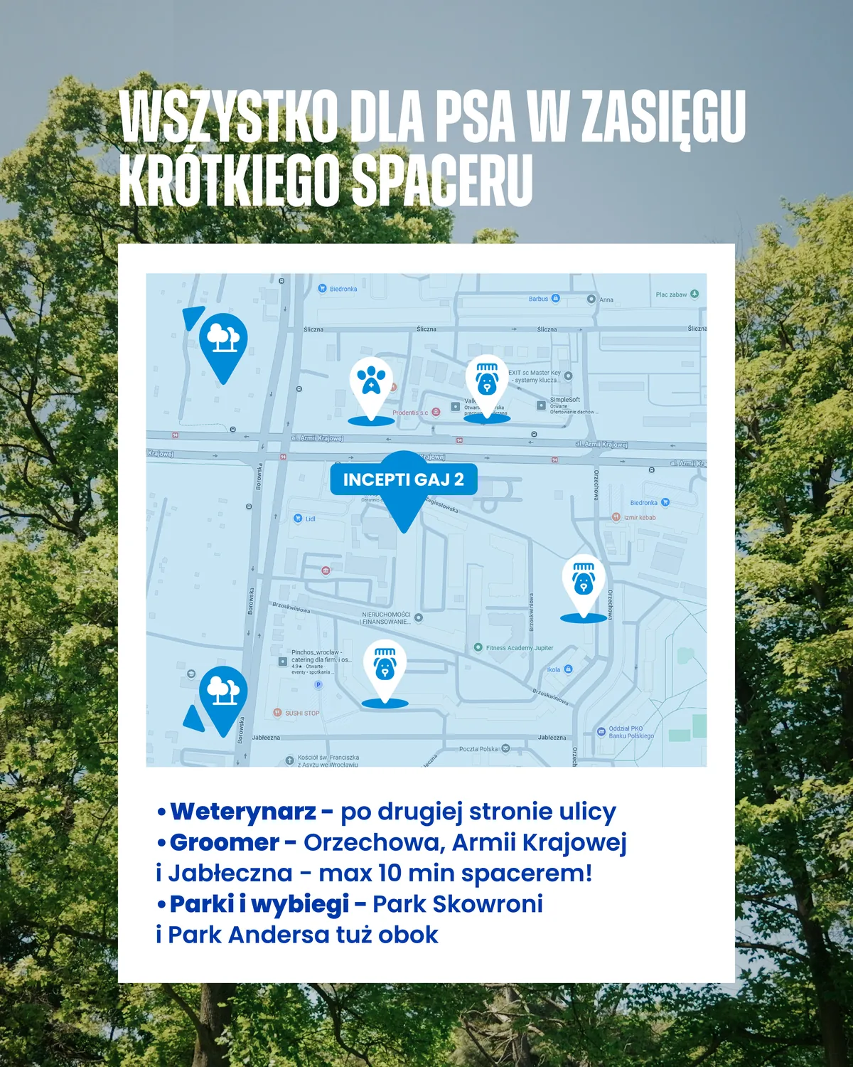 Mapa miejsc przyjaznych psom w sąsiedztwie inwestycji Incepti Gaj 2